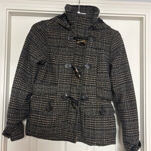 Celebrity Pink Black and Brown Plaid Pea Coat